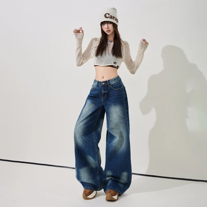 Heavy Craft Whisker Decor Low Rise Wide Leg Jeans Premium Exquisite American Style Fashion