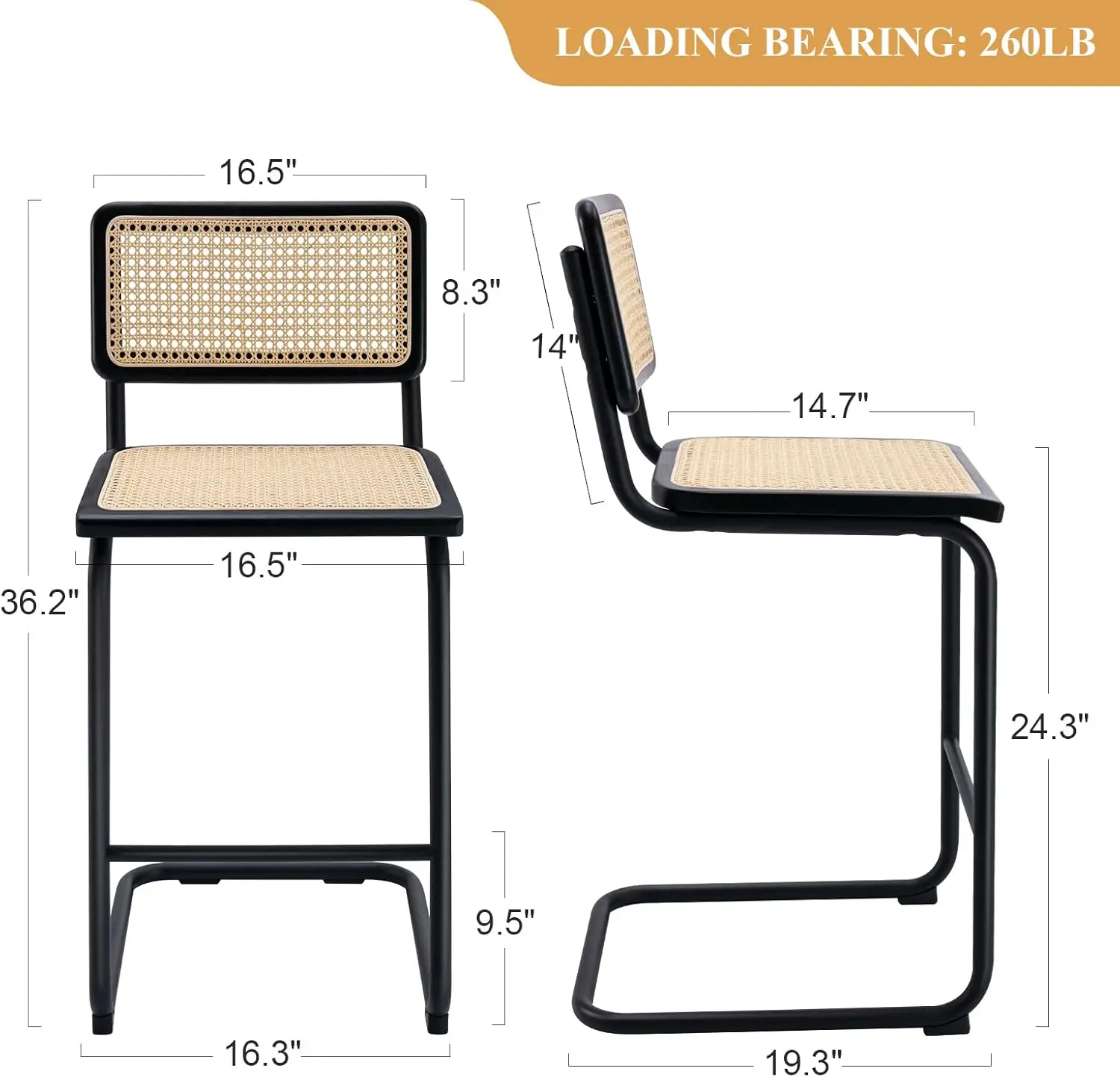 Rattan Bar Stools com Cane Back, Low Back Barstools, Counter Altura Cadeiras, Counter Altura Cadeiras, Conjunto de 2, 24 in