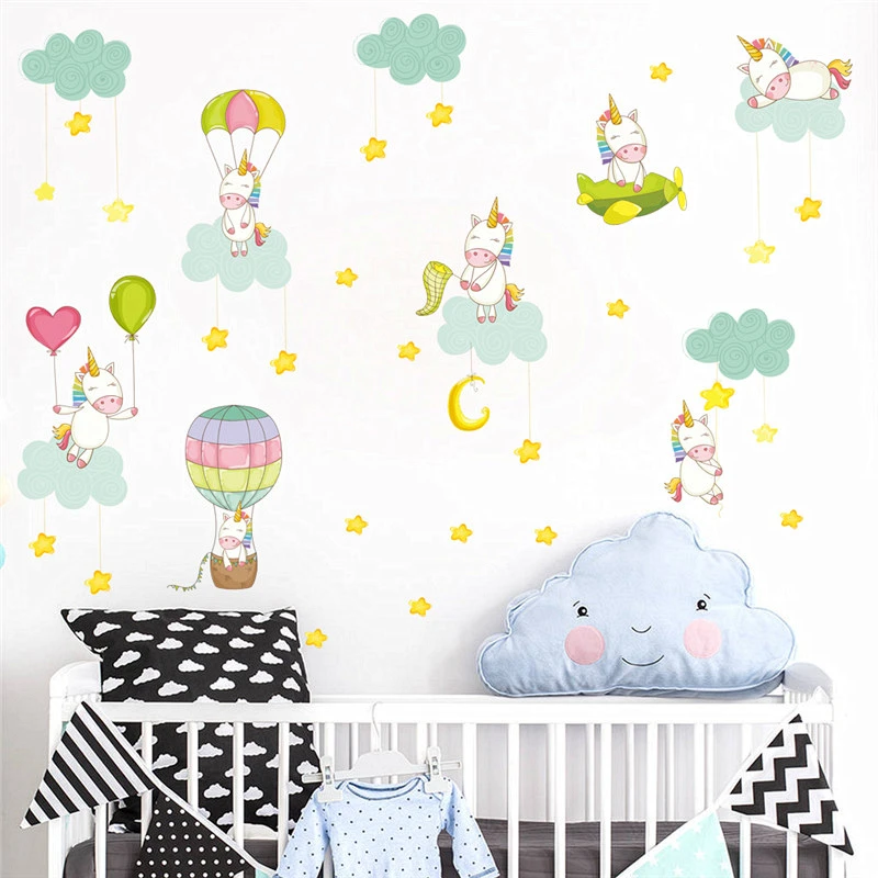 Cartoon Baby Unicorn Balloons Wall Stickers For Girls' Bedroom Home Decoration Diy Animals Murals Art Kids Decals Pvc Posters