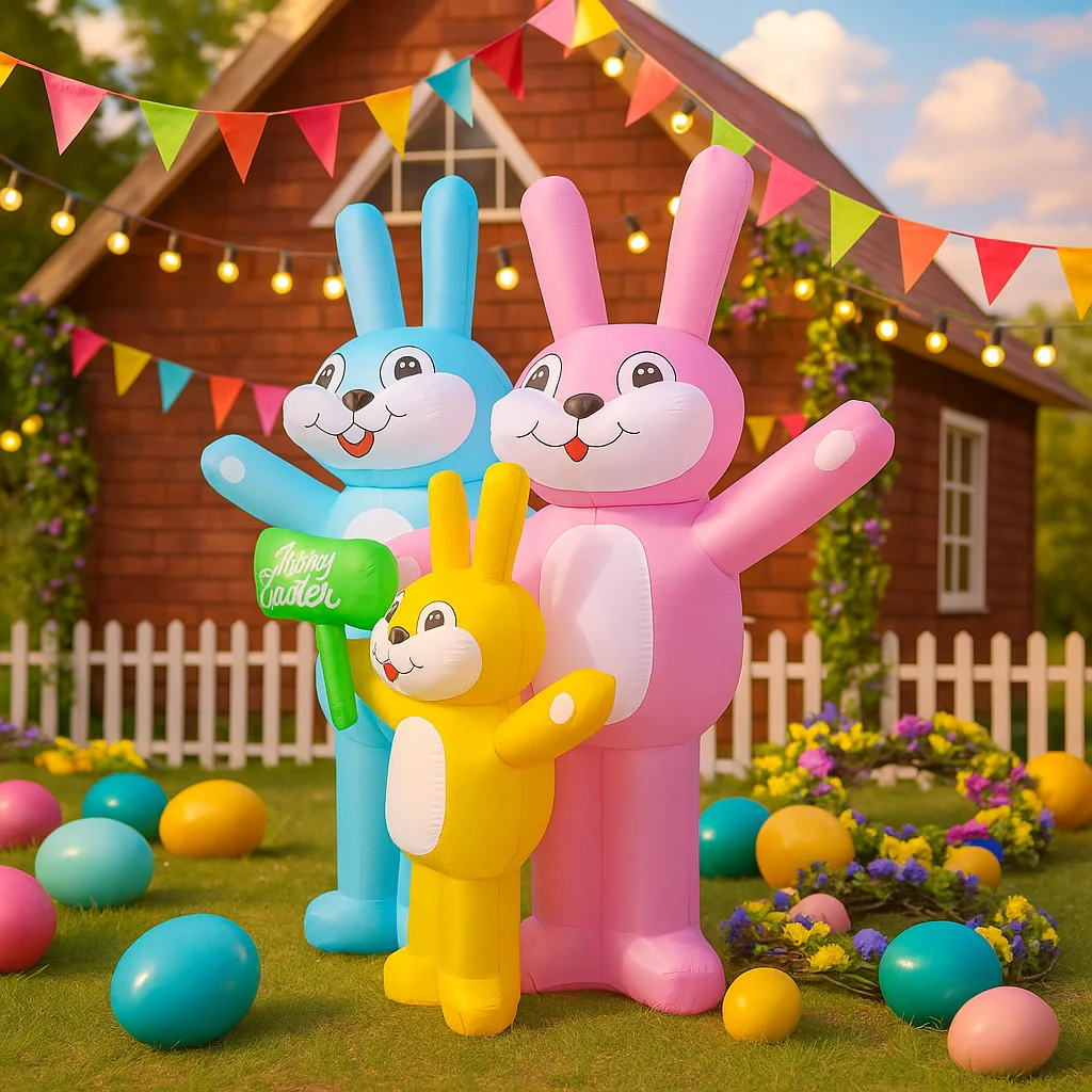 6FT Easter Three Bunnies Family Airblown Inflatable Decor LED Lighted Blow Up Festive Yard Easter  Decoration Easter Inflatable