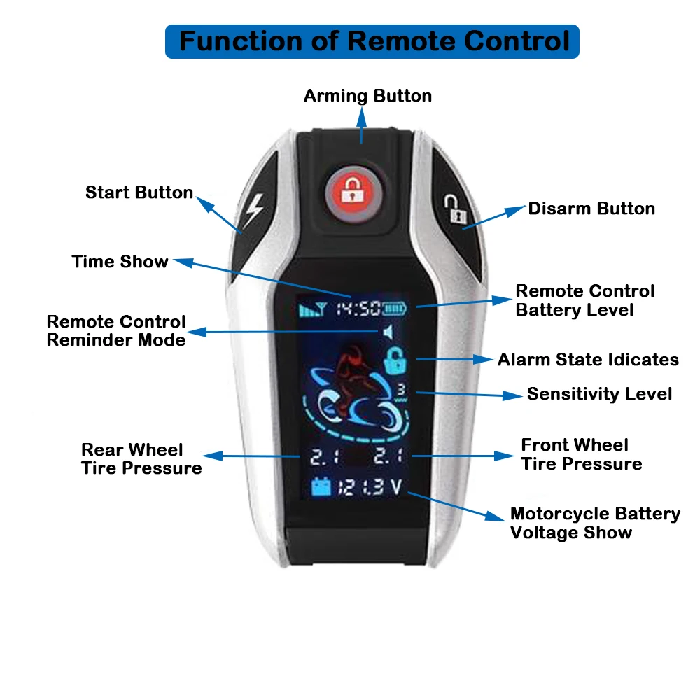 New Motorcycle LCD Screen Two Way Alarm Anti-theft Security System Rechargeable Battery Tire Pressure Monitor PKE Sensing