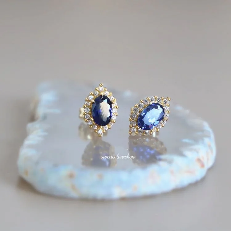 Real 925 Sterling Silver 14K Gold Blue Ellipse Crystal Zircon Stud Earrings For Women Elegant Jewelry 2024 Trend Jewellery