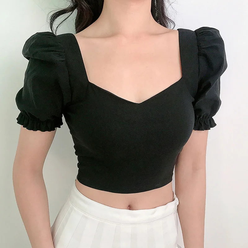 Women Crop Top Puff Short Sleeve Square Collar Vintage Style Ladies Solid Color Puff Sleeves Pullover Tee