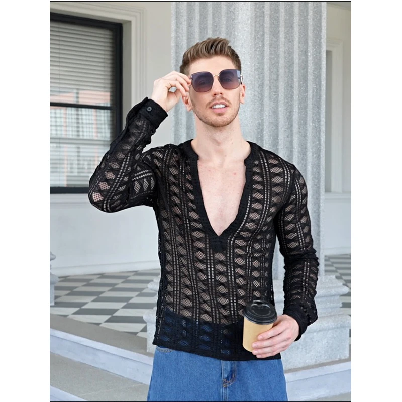 Men's Fashion Fishing Net Transparent Long Sleeve Notched Neck Hollow Out Perspective Shirt Hollow Out Shirts For Men Blouse