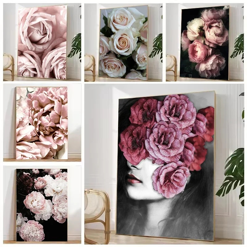 Pink Peony Flower Leaf Plant Poster Nordic Botanical Print Canvas Painting Wall Art Aesthetic Picture Interior Home Decor