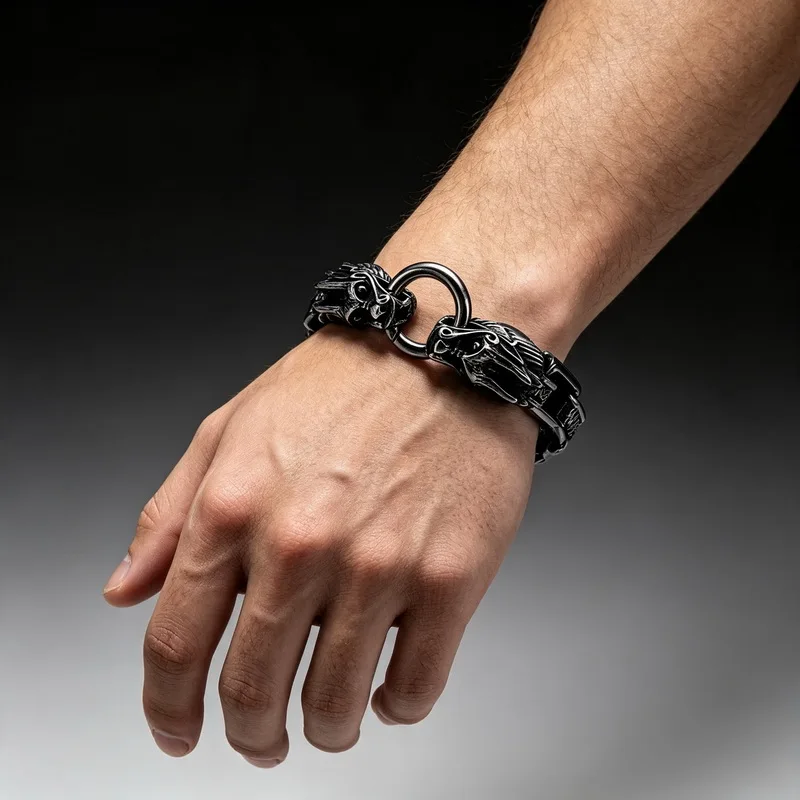Gothic Men Stainless Steel Double Dragon Head Bracelet Retro Pattern Link Chain Biker Fashion Jewelry Banquet Christmas Gifts