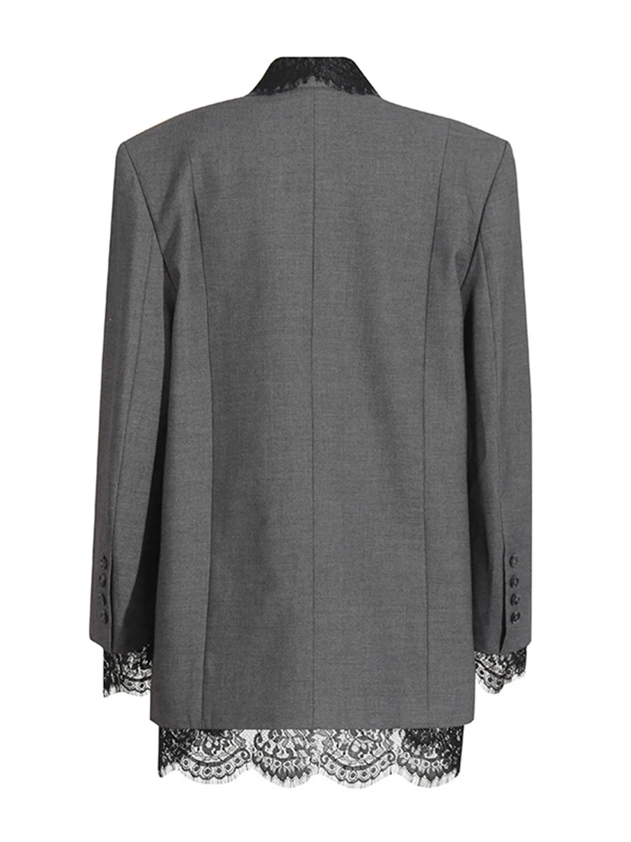 CHICEVER Catwalk Chic Solid Spliced Lace Blazers for Women Notched Collar Long Sleeve Designer New Style Coats Female Clothing