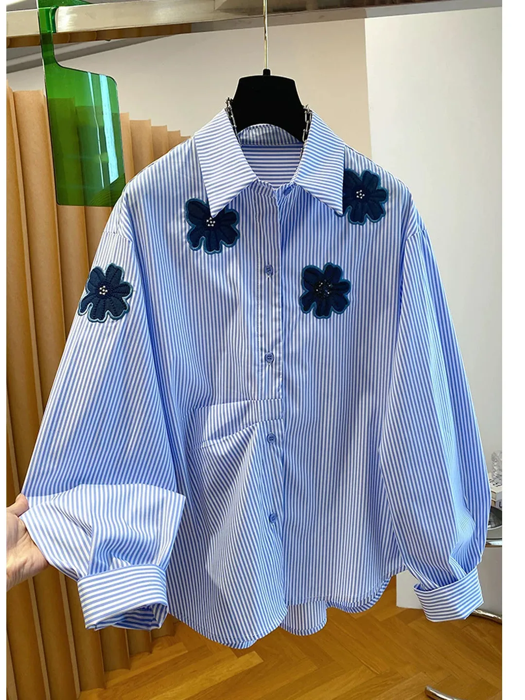 Blue Striped Women's Shirt Embroidered Loose Floral Top Trendy Early Autumn Luxury Feel Commute Style Long Sleeve Button up