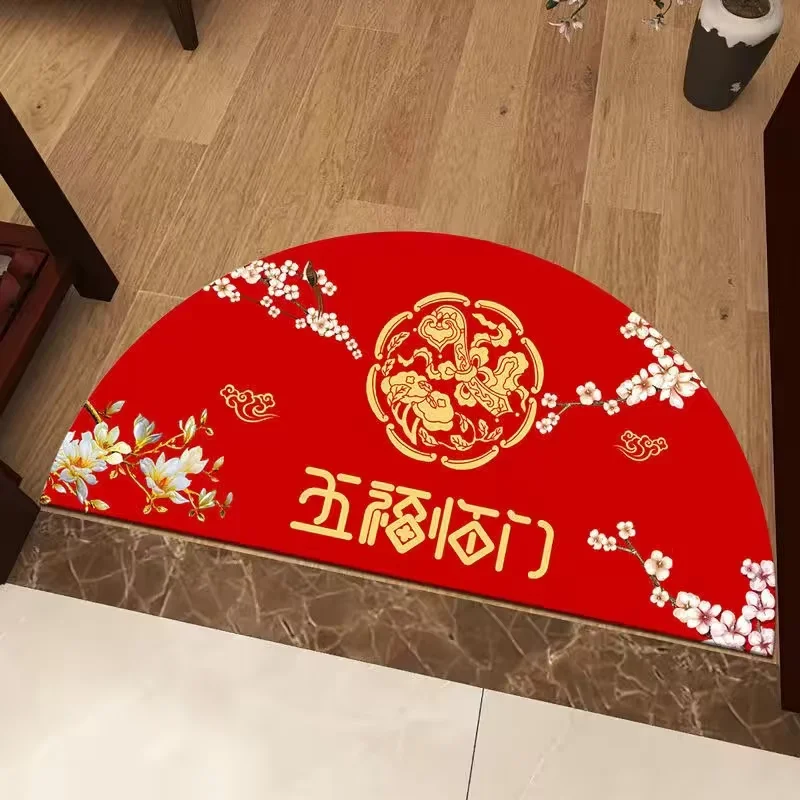 VIKAMA Alfombrillas semicirculares de estilo chino, alfombrillas antideslizantes para entrada de puerta con estampado de grulla de estilo japonés, alfombras para balcón