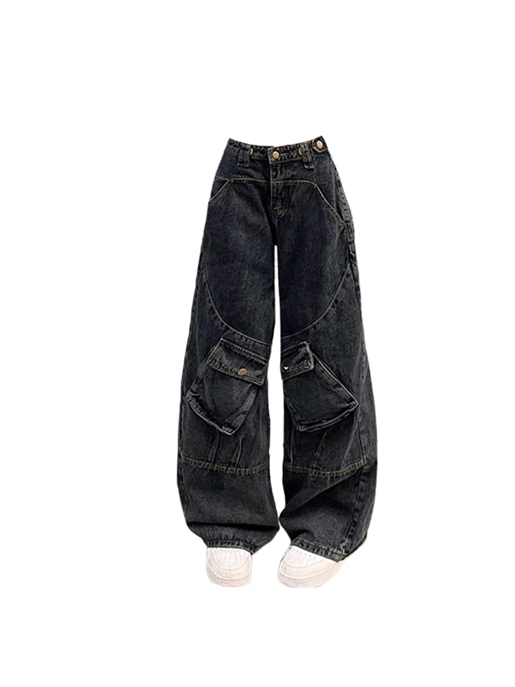 Women's Dark Blue Baggy Cargo Jeans Vintage Korean Y2k Denim