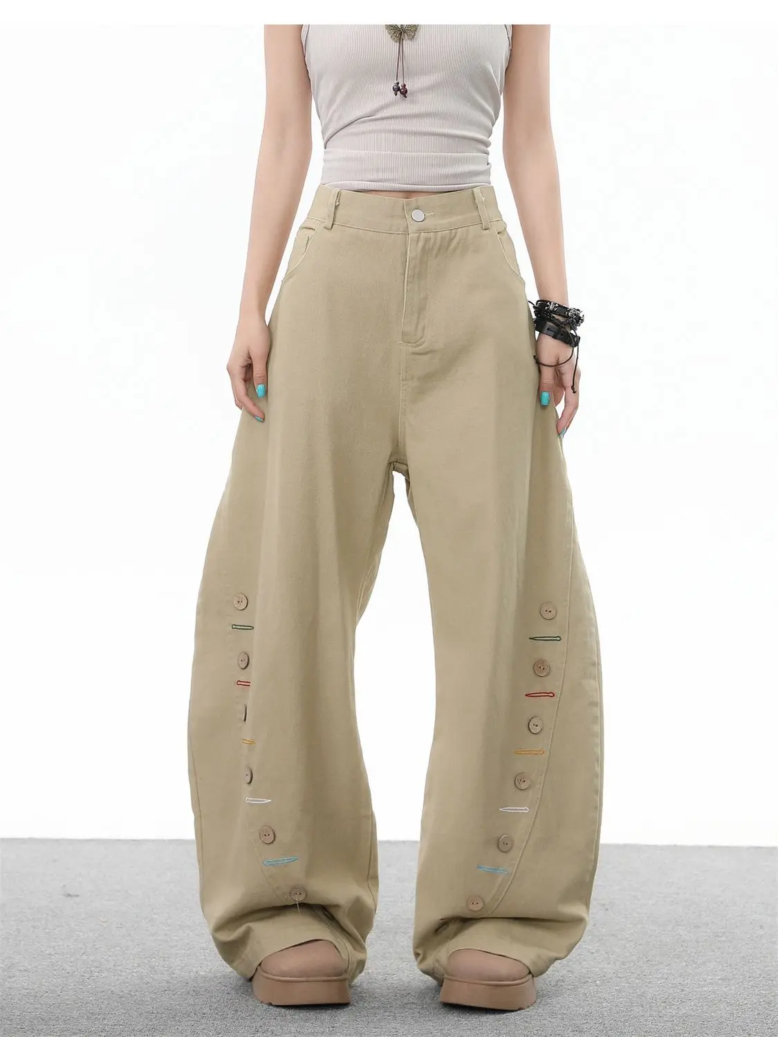 Frauen Khaki Y2k Wash Vintage Button Jeans 2025 Herbst Harajuku Baggy Breite Bein Denim Hosen Ästhetische 2000er Jahre Hosen Kleidung