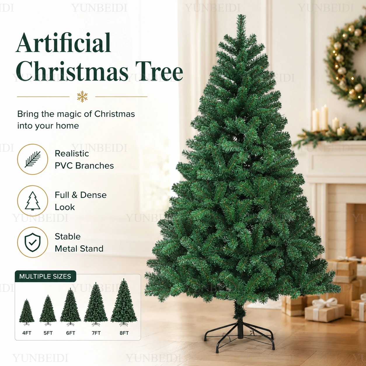 Künstlicher Weihnachtsbaum aus PVC, verschönert mit LED-Lichterketten, großer Weihnachtsbaum 120 cm bis 3 m, Weihnachtsdekoration für die Familie