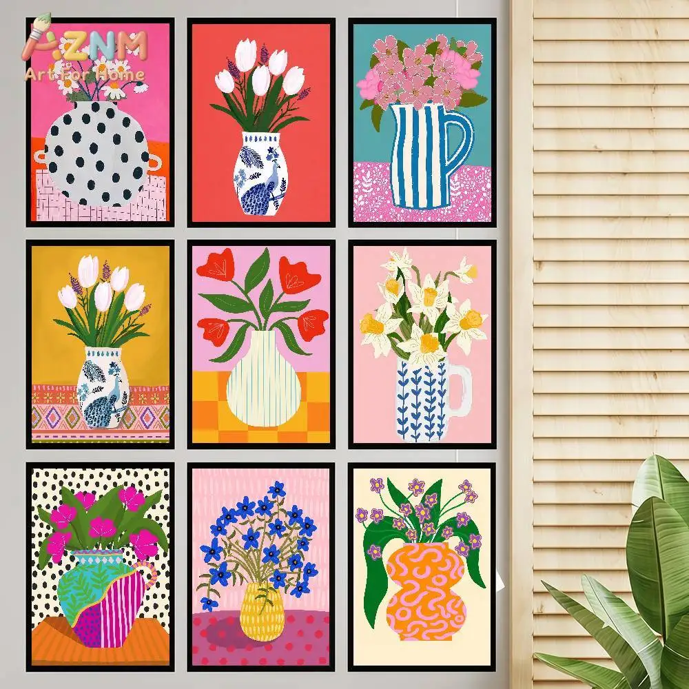 AZNM Colorful Vase Floral Canvas Wall Art Modern Abstract Hand Drawn Flower Vase Art Print Bright Aesthetic Home Decor Poster