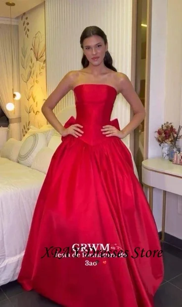 

XPAY Simple Red Evening Dresses For Wedding Party Guest Strapless Satin Corset Back Prom Gowns Formal Occasion Customized