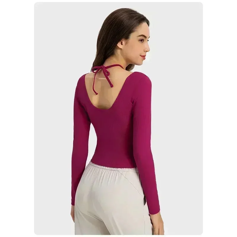 Women Halter Neck Long Sleeve Yoga Shirt Ribbed Fabric Stretch Halter Neck U-shaped Back Fitness Sport T-shirt Fitness Top