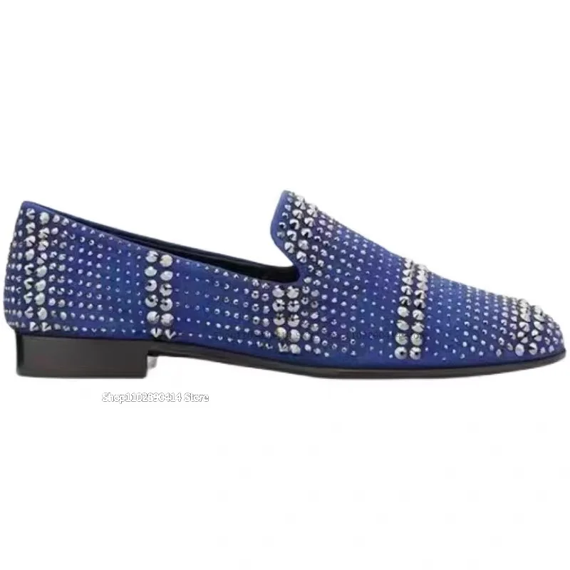 Blue Rhinestones and Silver Rivets Decor Loafers Fashion Slip On Men Casual Shoes Novel Handcraft Banquet Party Men Dress Shoes