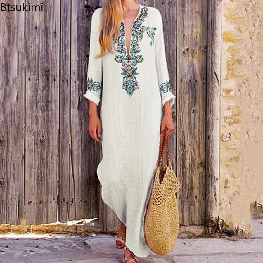 

2024 Retro Style Women's Loose Casual Long Dresses Fashion Print V-neck Irregular Split Hem Design Ladies Loose Beach Maxi Dress