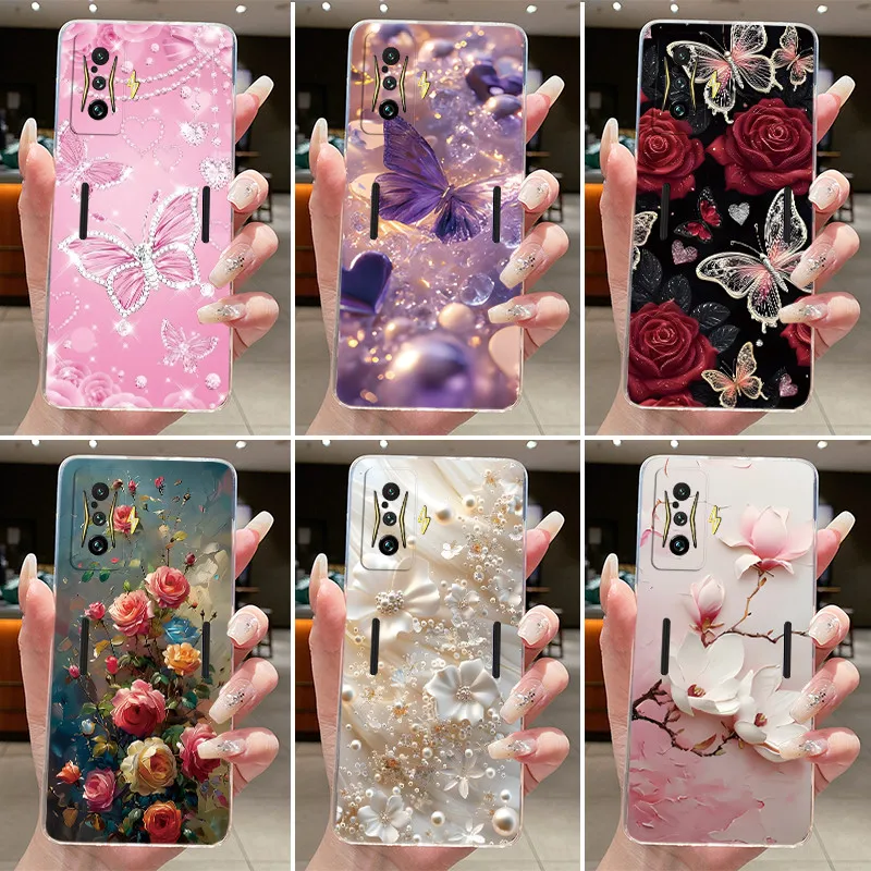 For Xiaomi Poco F4 GT F4GT Redmi K50 Gaming Phone Case Clear Soft TPU Silicone Casing Luxury Fashion Butterfly Flower Back Cover