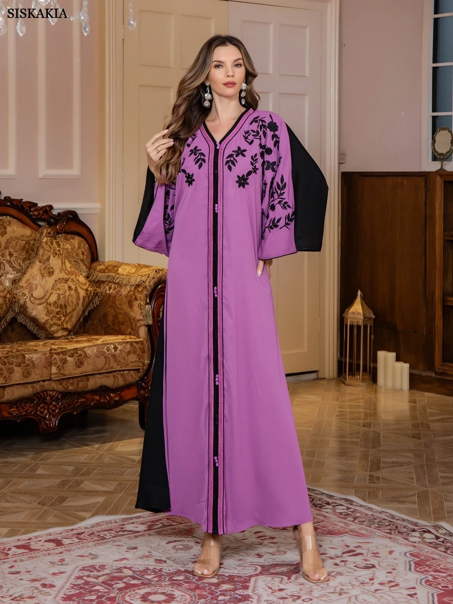 

Siskakia Fashion Dubai Floral Embroidery Abayas Muslim Dolman Sleeve Dress Patchwork Button Caftan Marocain 2025
