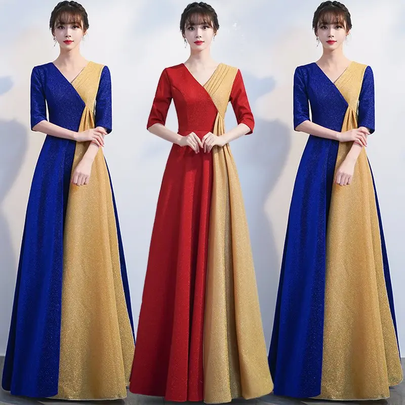 

Hot sale 35 big choir female adult long skirt red poetry competition banquet host performance clothes temperament evening dress