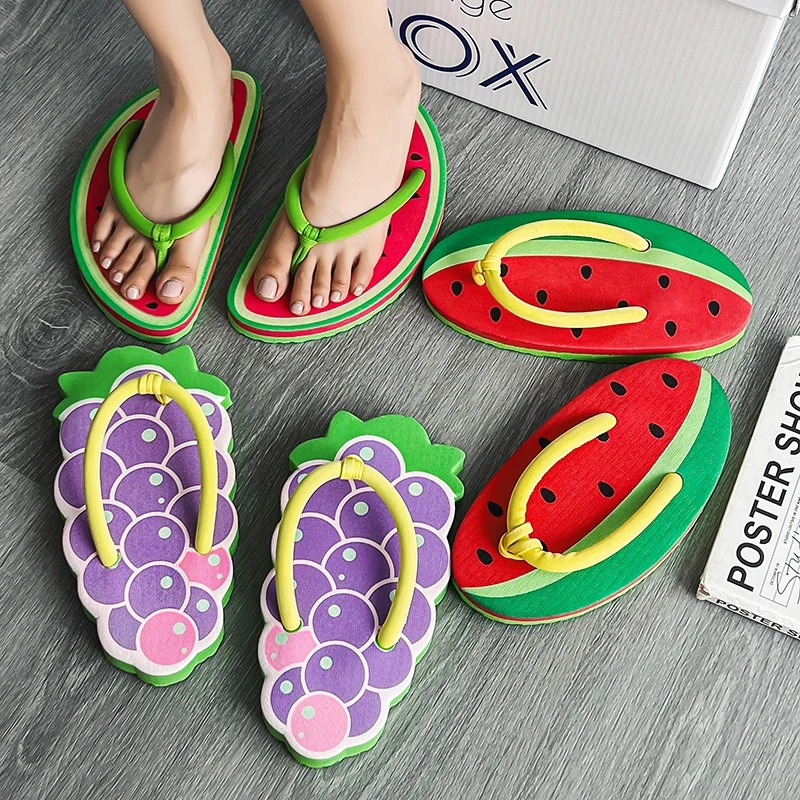 Ladies Cute Fruit Slippers Summer Outdoor Fashion Lightweight Beach Casual Shoes Watermelon Home Bathroom Anti Slip Slippers