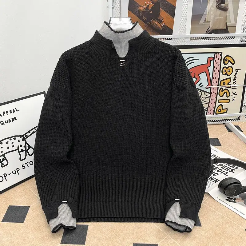 

Faionable Japanese Sle Long Sve Knitted Sweater f High Collar Harajuku Fake Two-Piece Versatile Autumn Winter Stree...