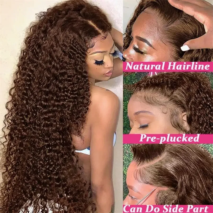 Chocolate Brown 13x6 Kinky Curly Lace Front Wigs Brazilian 13×4 Transparent Deep Wave Lace Frontal Human Hair Wigs For Women