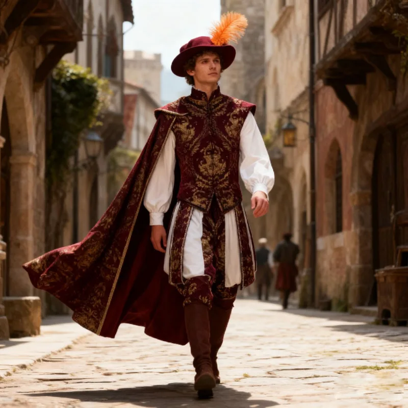 Mittelalterliches europäisches Adligen-Tudor-Königskostüm mit doppellagiger Weste, Kürbishose und halbärmeligem Umhang für RenFaire-Veranstaltungen.
