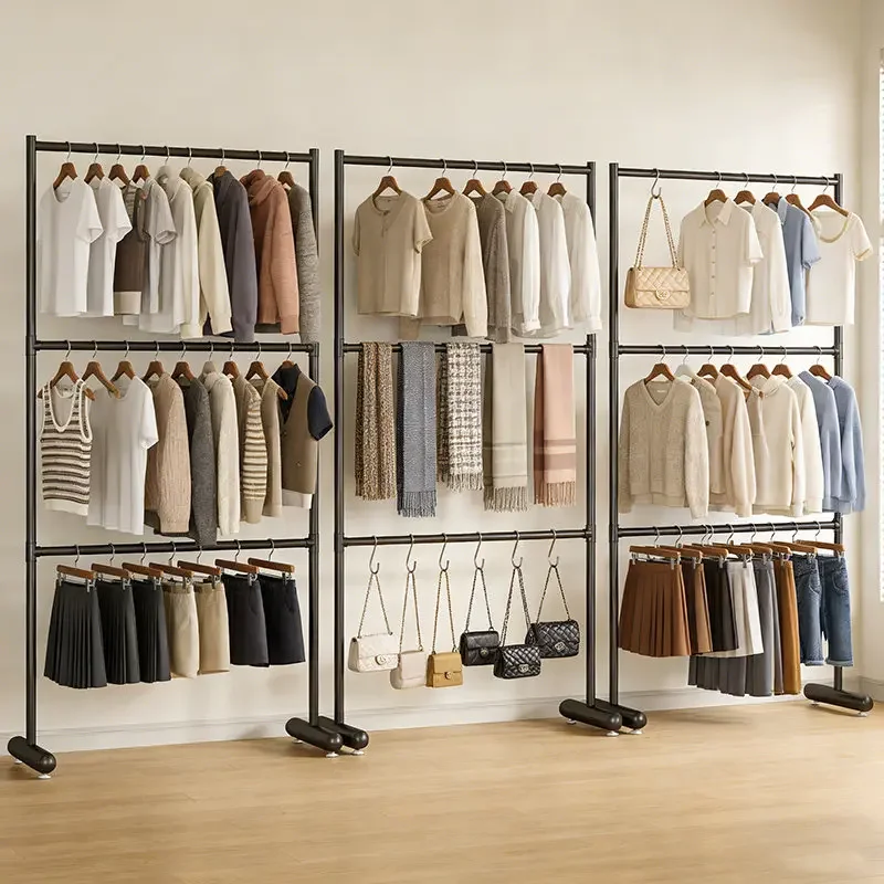 Simple three-layer clothing store floor-to-ceiling coat rack floor-to-ceiling bold clothes hanging rod black wrought iron liftin