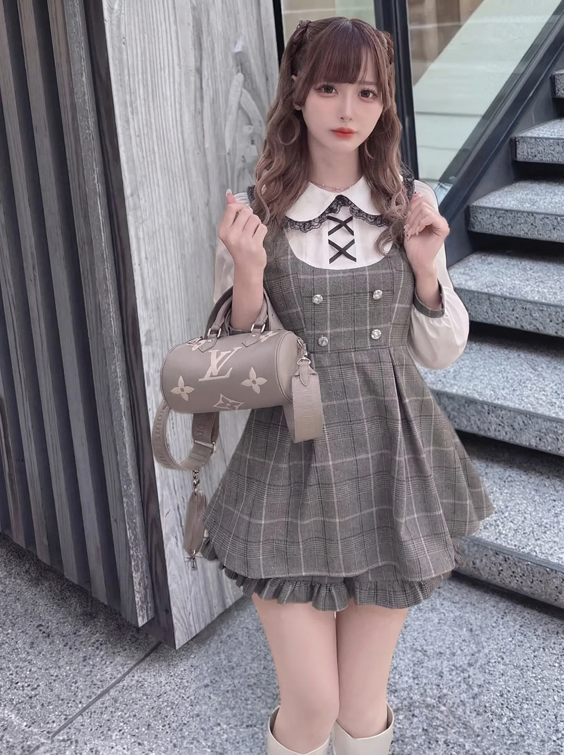

Japanese Vintage High Street 2 Piece Set Women's Long Sleeve Doll Collar Plaid Dress + Slim Shorts Y2K Aesthetic Harajuku Set