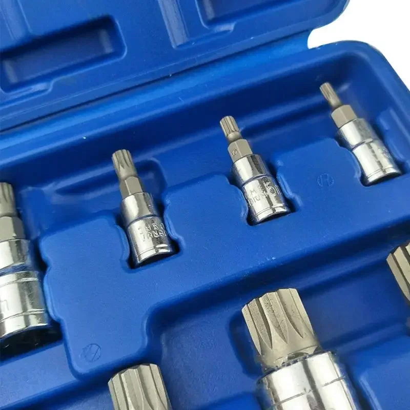 10PCS/Set XZN Tampered Triple Square Spline Bit Socket Driver Set with Storage Box,M4-5-6,M8-9-10-12,M14,M16,18 - CRV puntas