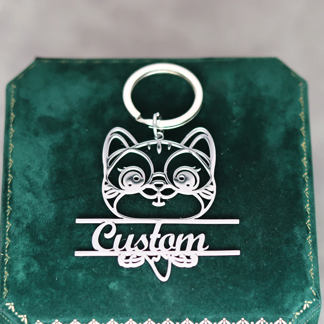 QIAMNI Cute Happy Kitten Personalized Custom Name Keychain Stainless Steel Animal Key Chain Creative Cat Car Bag Pendant Keyring