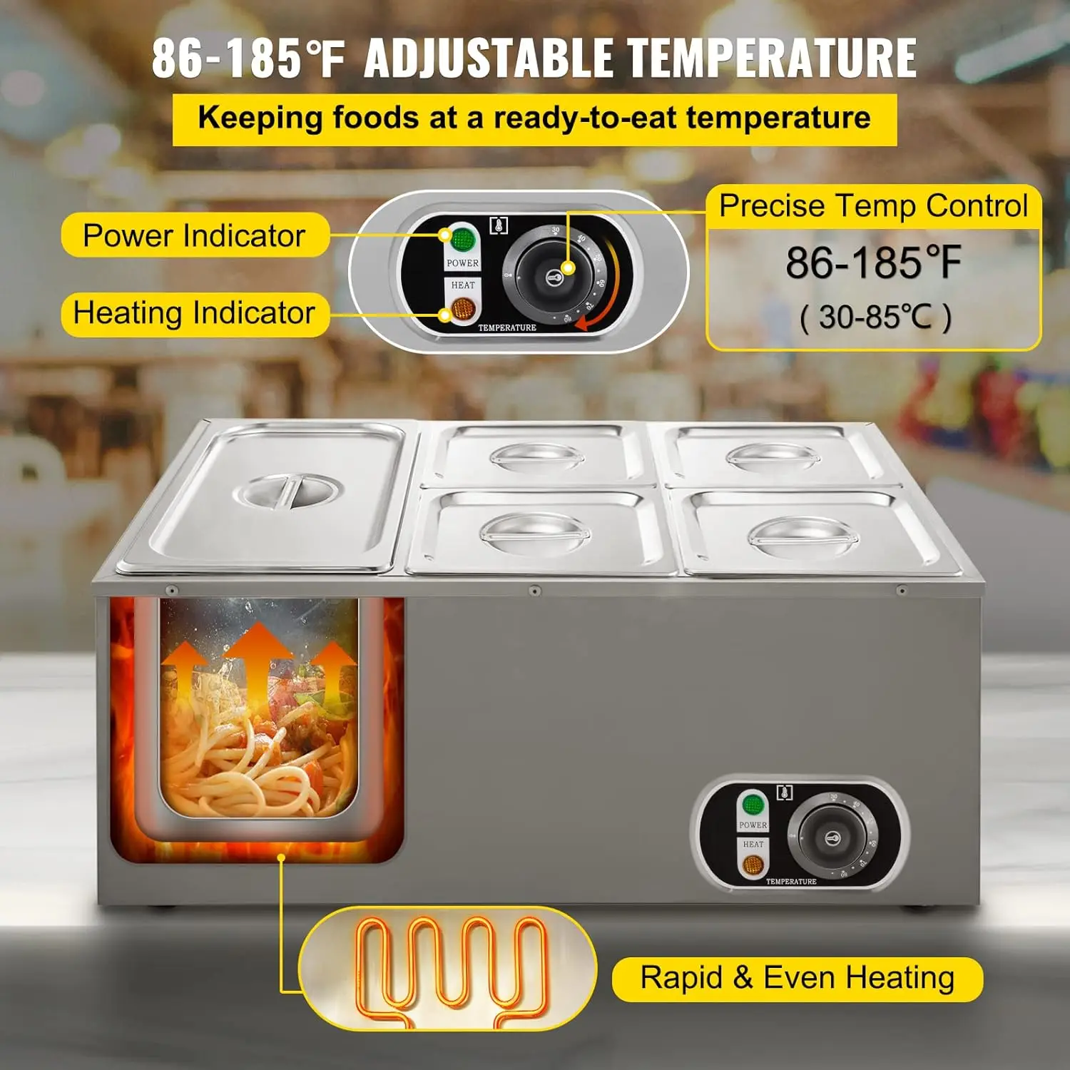 سخان طعام تجاري، 5 أطباق من الفولاذ المقاوم للصدأ باين ماري، 1 × 1/3GN و4 × 1/6GN، سعة 13.7 لتر، طاولة بخار 110 فولت 1500 وات 1