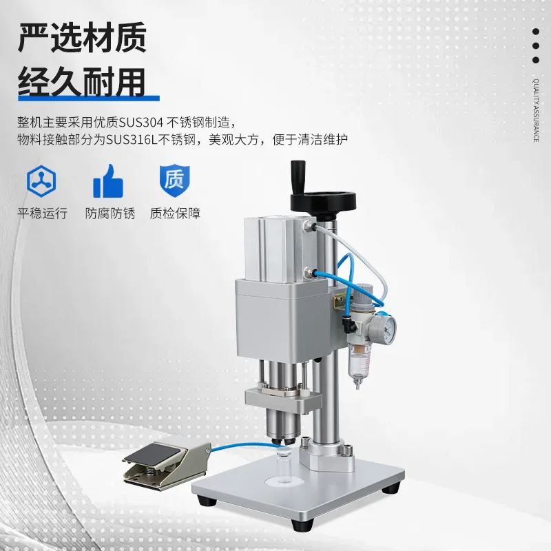 Sigillatrice semiautomatica per bottiglie di vetro con coperchio in alluminio-plastica