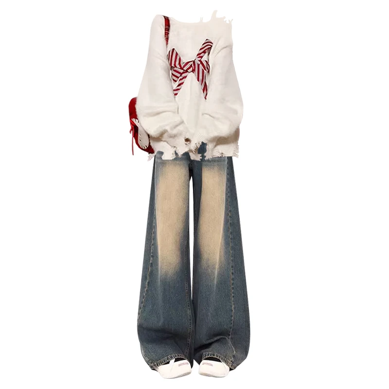 Gebreide trui en losse jeans voor dames met vlinderdas Winter Faion tweedelig pak lang Sve rond Ne katoenmix