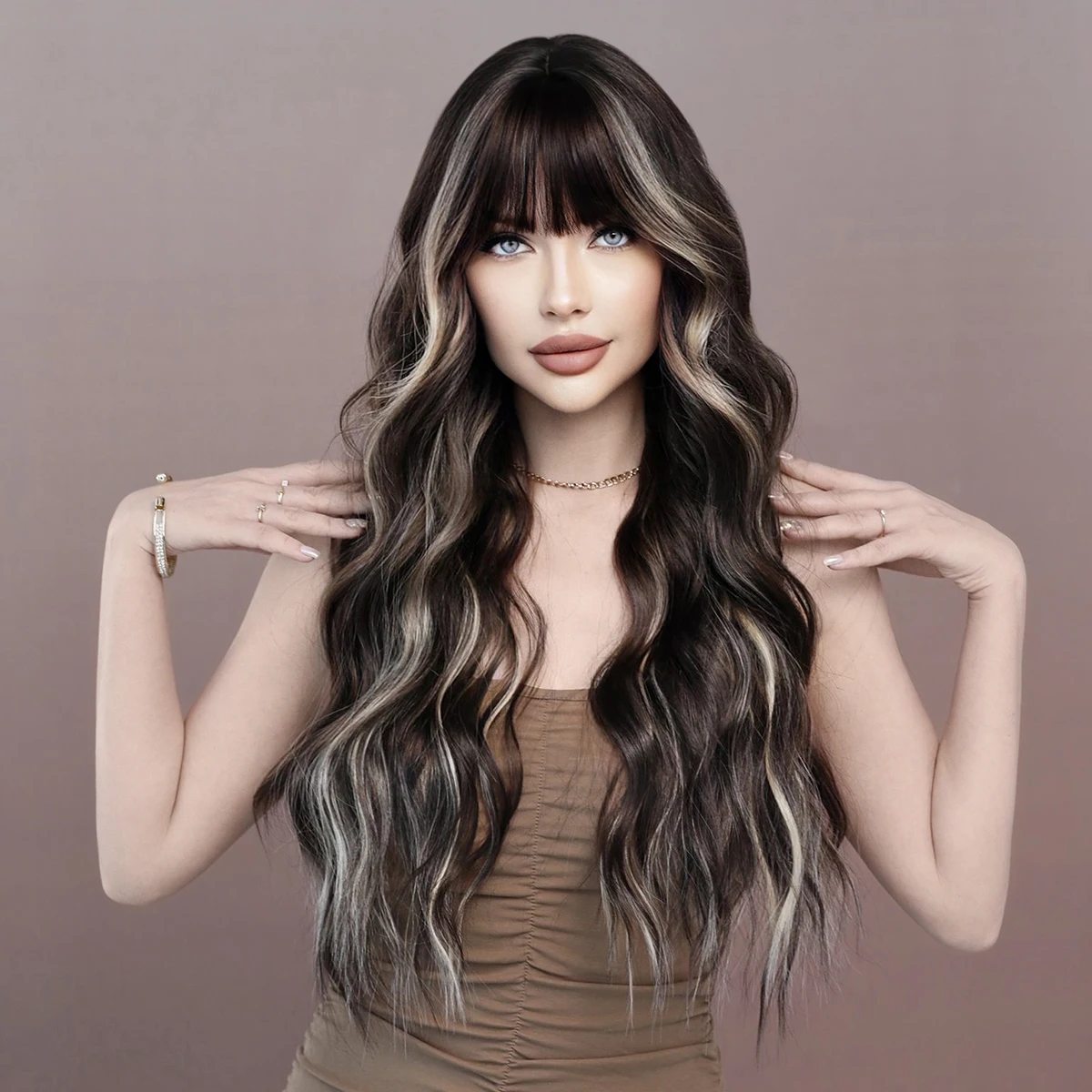 

7JHH WIGS Long Water Wave Dark Brown Highlight Blonde Wigs with Air Bangs Fluffy High Density Synthetic Hair Wig for Women