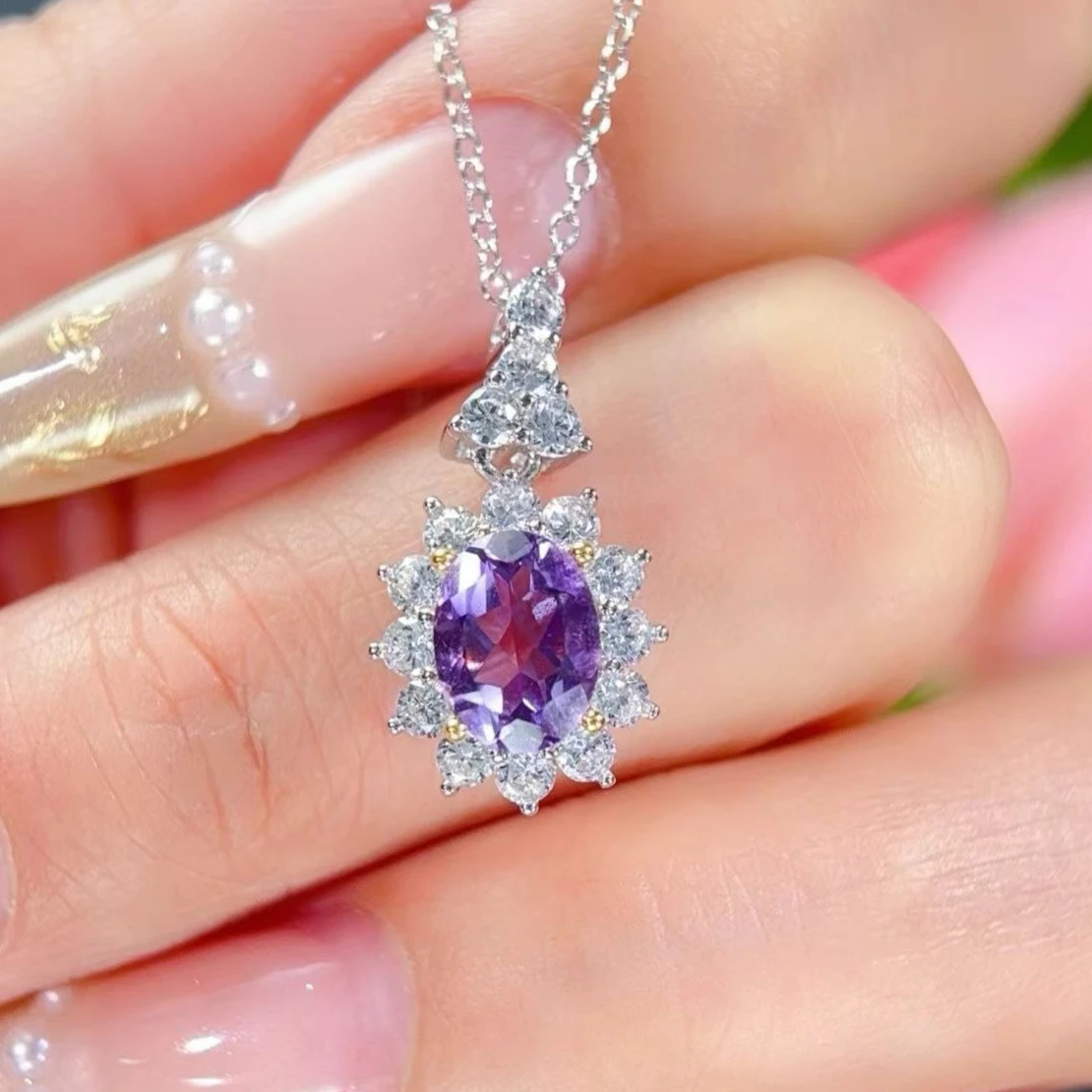 

Classic Design 925 Silver Gemstone Pendant 6mm*8mm 1ct Natural Amethyst Jewelry with Certificate Birthday Gift for Women