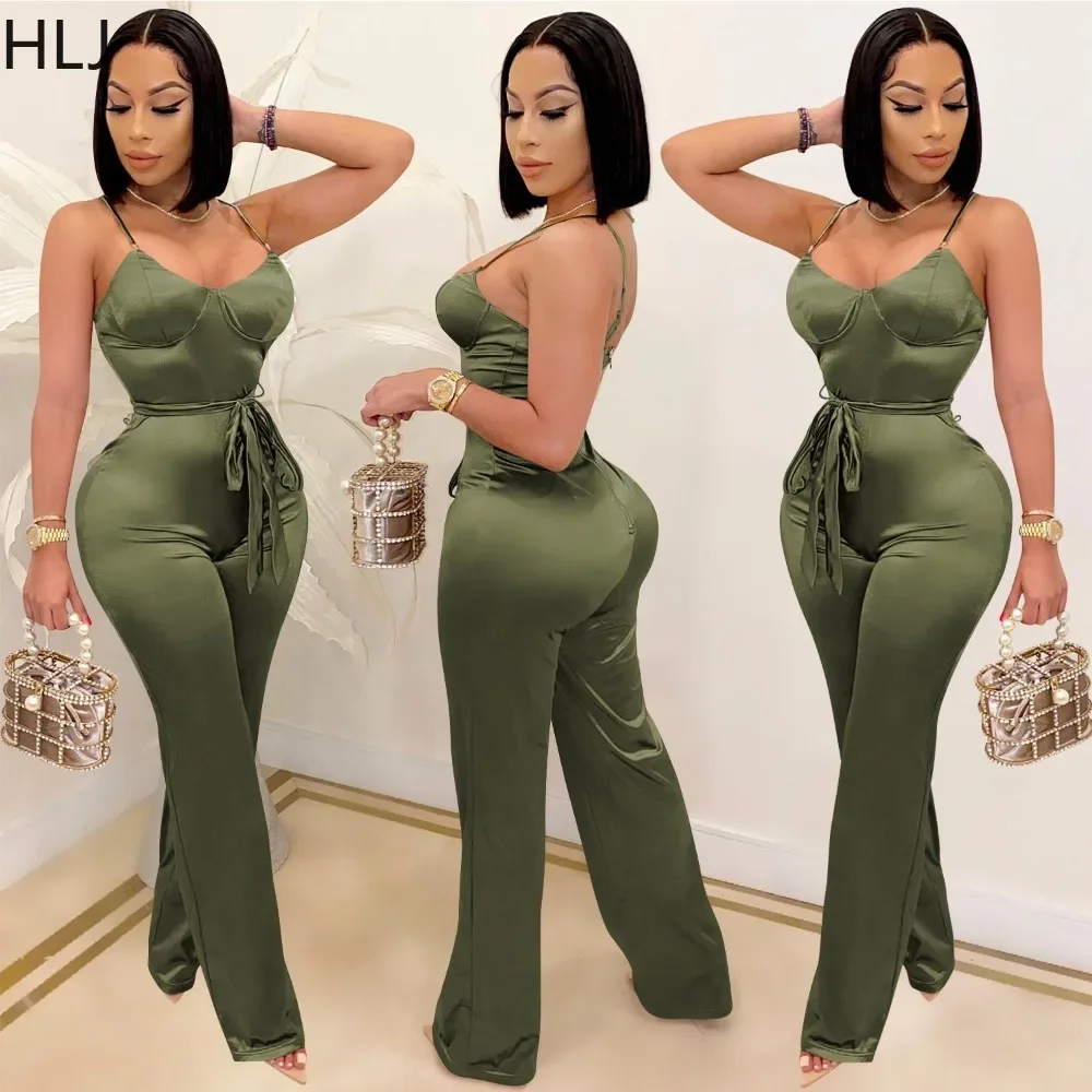 

HLJ Elegant Lady Solid Color Bandage Wide Leg Pants Jumpsuits Women Thin Strap Sleeveless Lace Up Playsuits Female OL Overalls