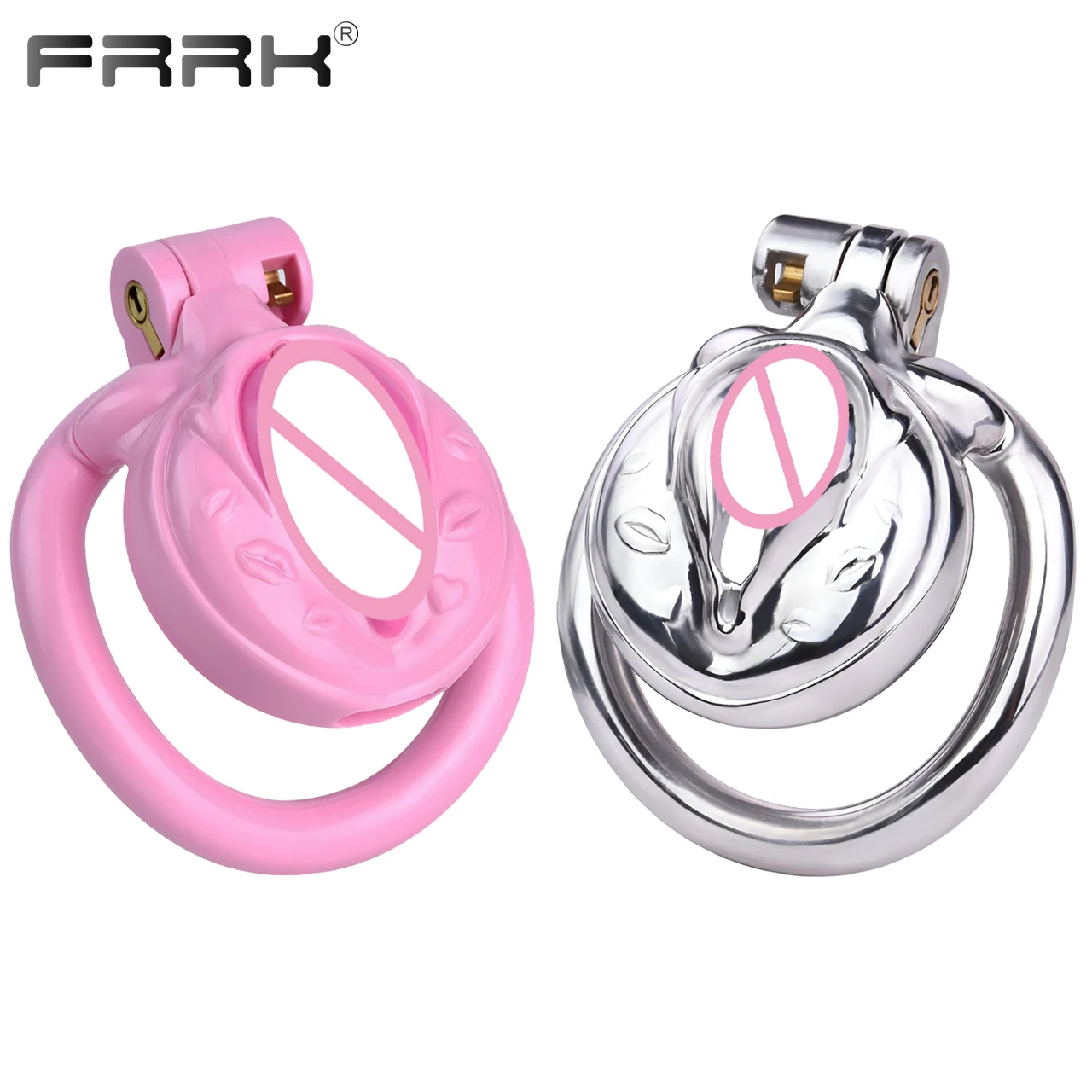 FRRK Steel Laia Pussy Chastity Belt Cock Cage Device 남성정조대 with Pink Band for Adults Sissies Femboy 18+ Curved Penis Rings