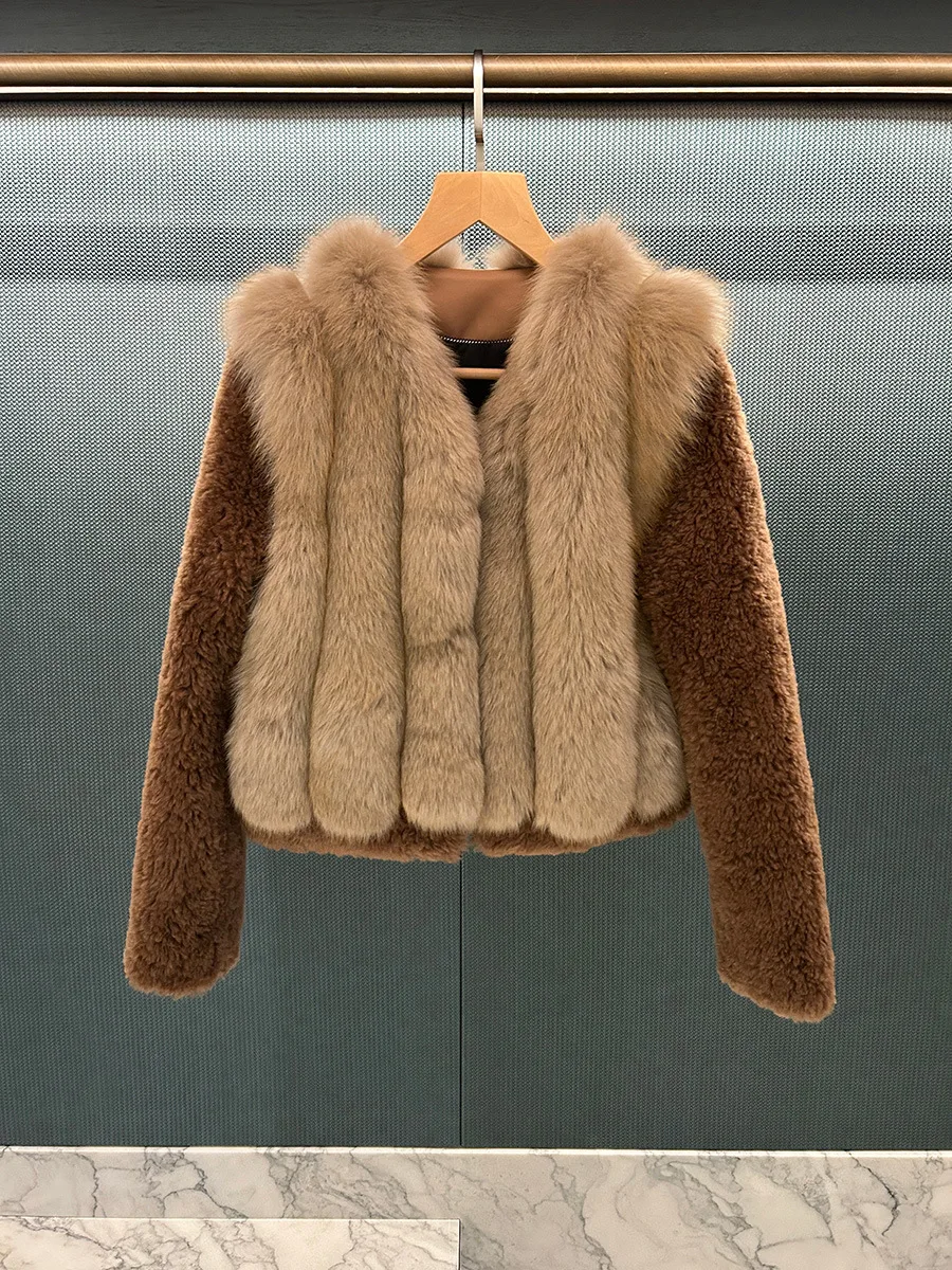 

Winter Fashion Full Fox Fur Patchwork Wool-Lined Short Fur Coat For Women
