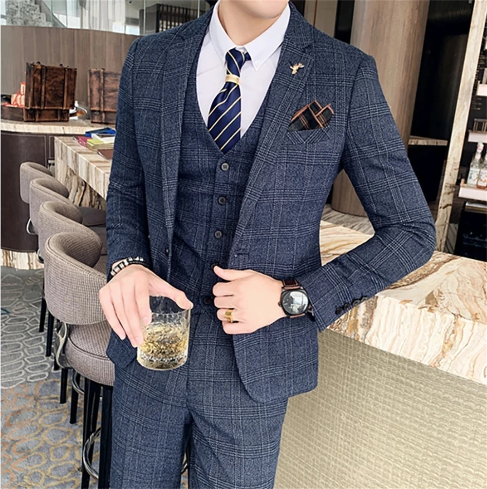 XXS-5XL (Jacket+Vest+Pants) Fashion Boutique Lattice Formal Business Mens Suit 3Pcs Set Groom Wedding Dress Plaid Suit