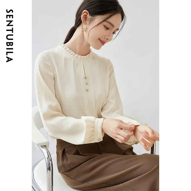 SENTUBILA Women's Elegant Chiffon Blouse 2025 Spring Commute Fashion Ruffled O Neck Long Sleeve Top Womans Clothes 143V56980