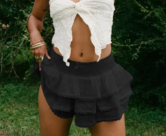 Women's Short Skirt Summer New Style Fresh, Sweet and Sexy Lace Patchwork Bow Sticker Layered Ruffle Edge Cake Short Skirt