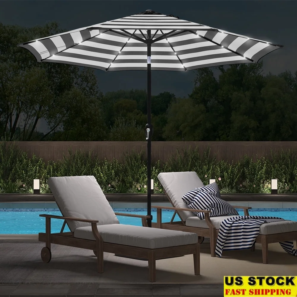 

9ft Solar LED Lighted Patio Umbrella Adjustable Tilt Outdoor Market Umbrella with Steel Ribs and Polyester Canopy Shade