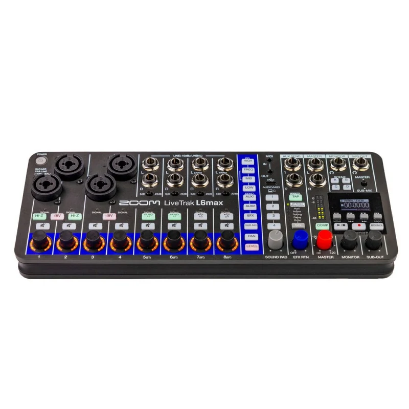 

Цифровой микшер-рекордер ZOOM LiveTrak L6max, 32-битный 16-битный (32-бит с плавающей запятой) процессор, 12 каналов, 4 комбинированных + 8 стереовходов, звуковые пэды, шумоподавление с ИИ