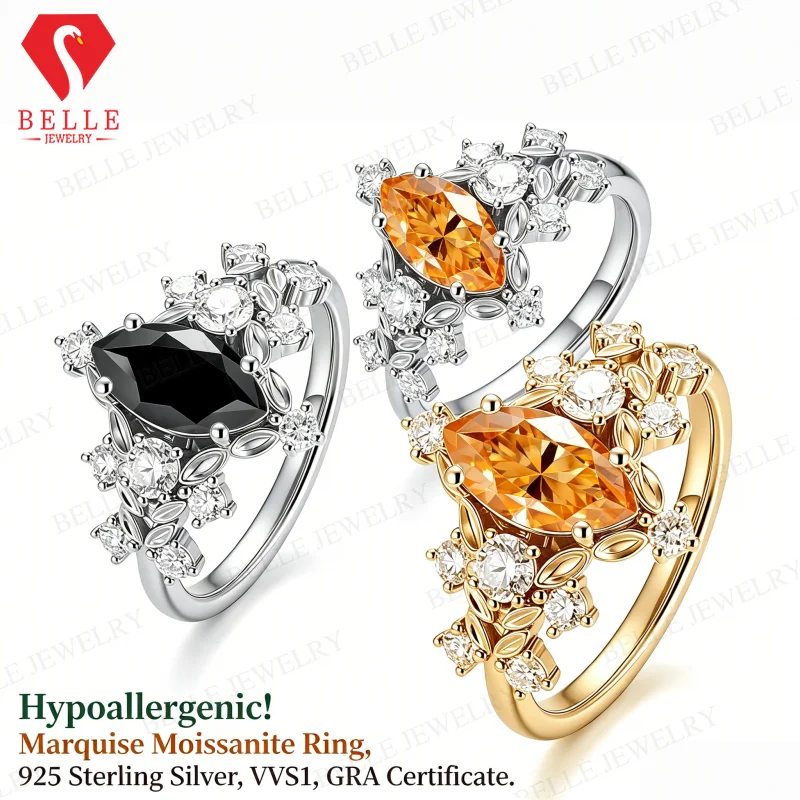 Moissanite Ring 925 Silver GRA Certified D Champagne Black Stone Marquise Cut Fine Jewelry Factory Direct Hypoallergenic Wear