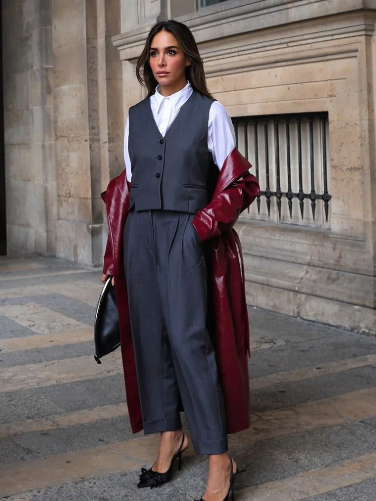 2024 Chic Burgundy Patent Leather Overcoat With Belt Women Fashion Lapel Pockets Loose Cardigan Jacket Female High Streetwear