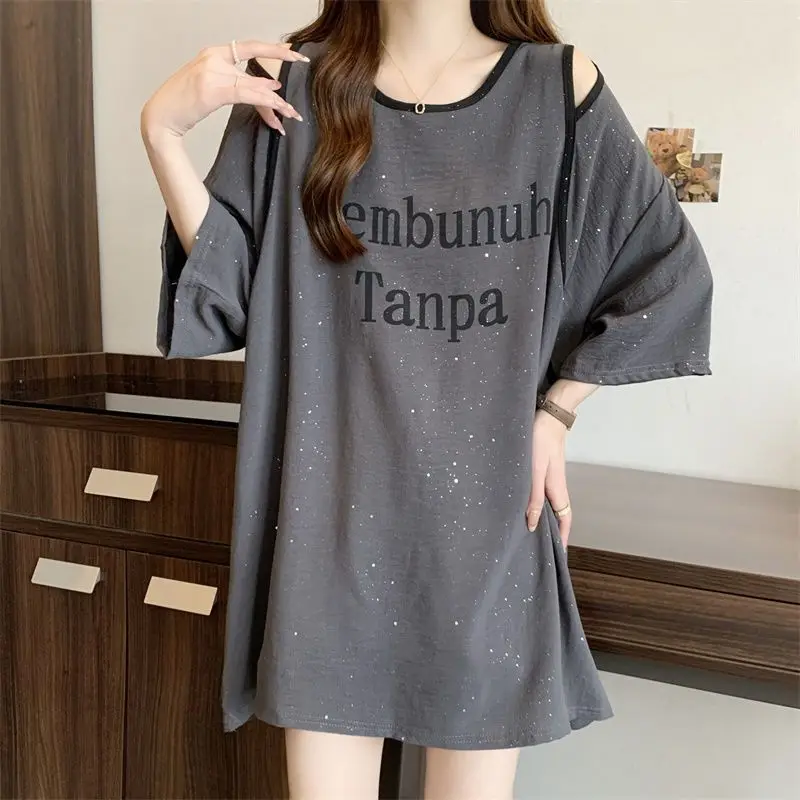 Trend Hollow Out Off Shoulder Tops Tees Summer New Short Sleeve Letter Printing Loose Casual T Shirts Fashion Y2K Women Clothing