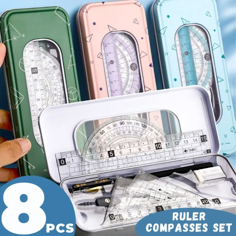 7/8PCS Set Square Ruler Compasses Set Protractor Straight Ruler Measuring Ruler Suit Multifunctional Drawing Tool
