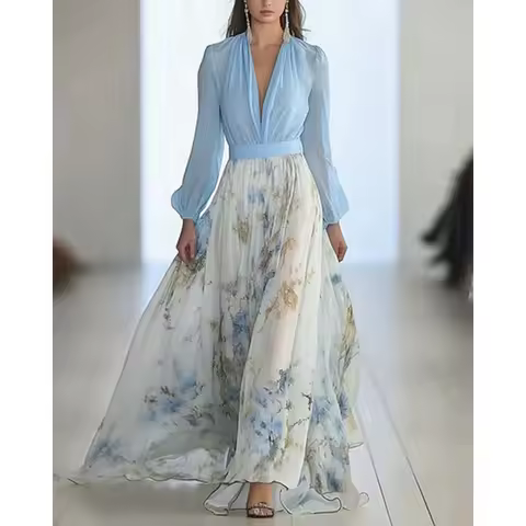 Floral Dress Print Long Sleeve Summer Women Dress Deep V Neck Slim Waist Maxi Dress for Party Evening Gown Vestidos Elegantes